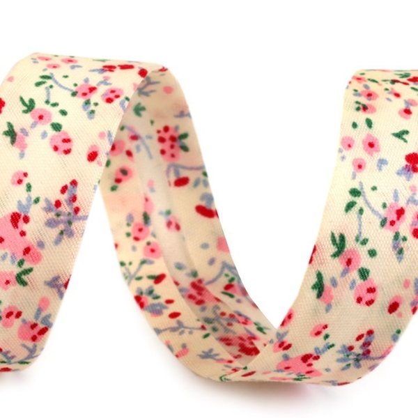 Schrägband Polyester 20mm gefalzt - Blumen créme