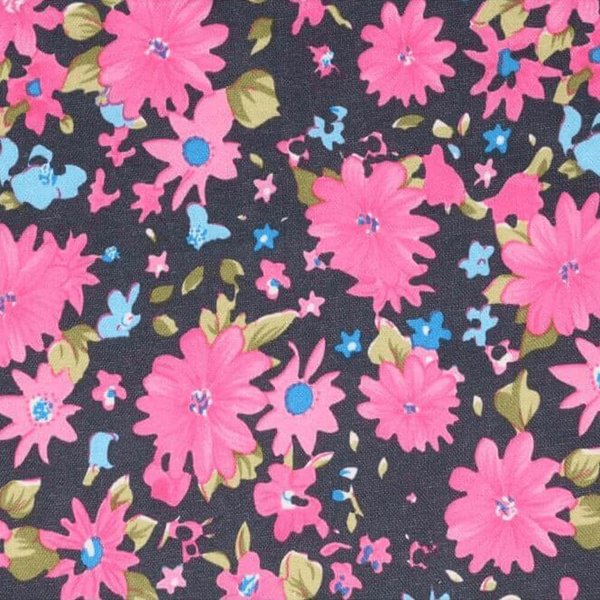 Polyester Stoff "Blumen" - pink / schwarz